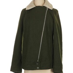 a.n.a Dark Green wool moto zip Jacket with Cream shearling Collar
